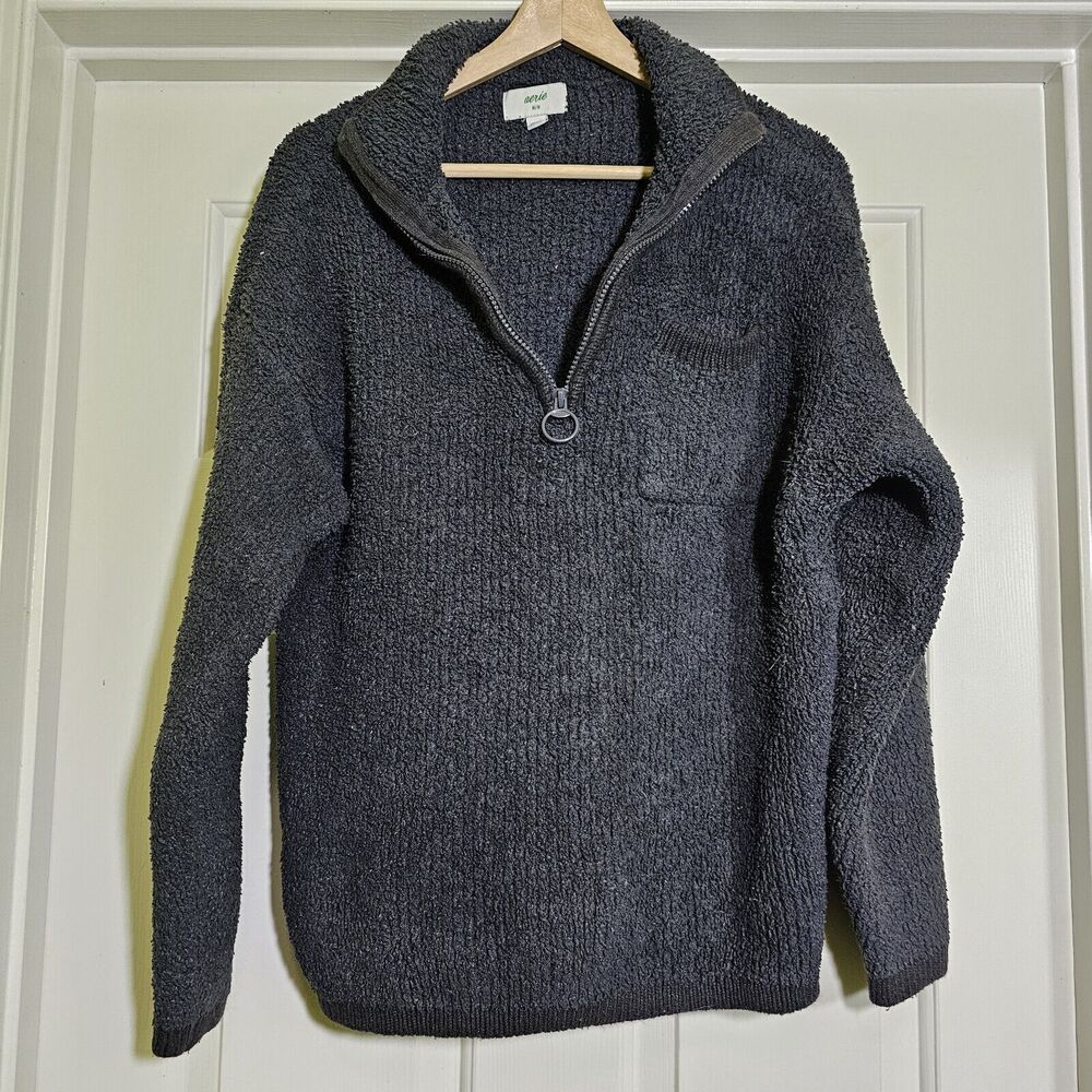 Aerie Women’s Sherpa Quarter Zip Sweater Chest Pocket Smoked Grey Medium